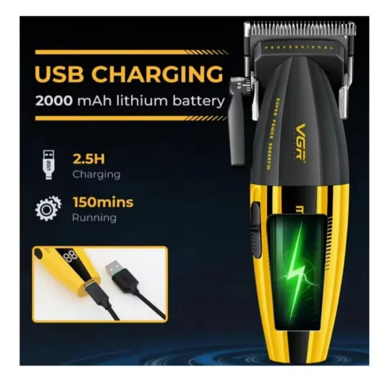 ماشین اصلاح موی سر و صورت وی جی ار مدل V-285 با موتور 9000 دور در دقیقه، تیغه استیل ضد زنگ و سرامیکی، 6 شانه قابل تنظیم، نمایشگر LED و شارژ سریع USB