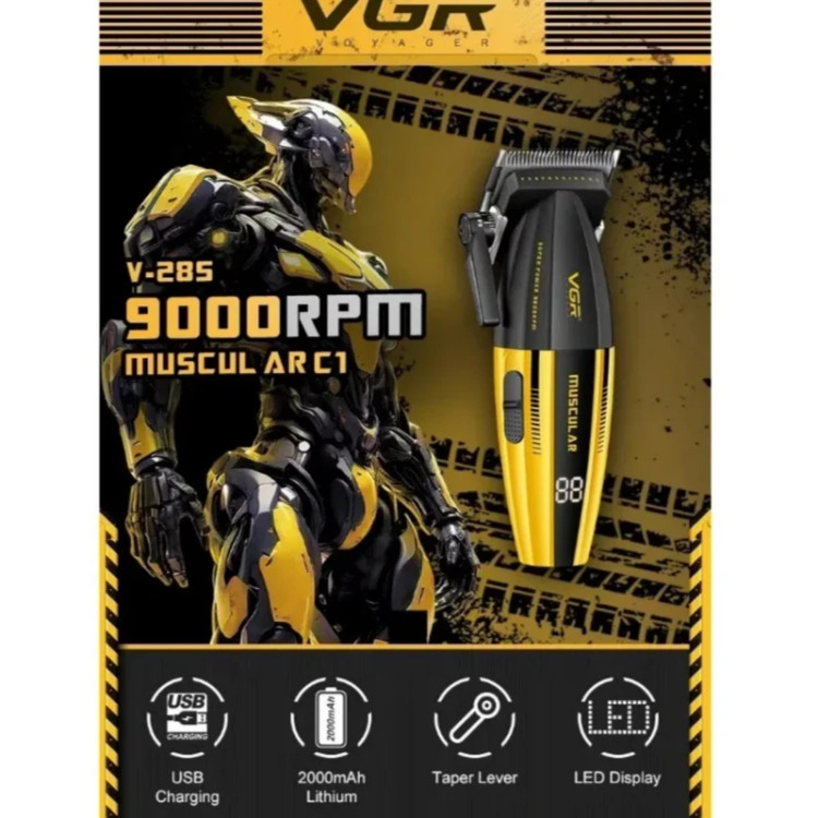 ماشین اصلاح موی سر و صورت وی جی ار مدل V-285 با موتور 9000 دور در دقیقه، تیغه استیل ضد زنگ و سرامیکی، 6 شانه قابل تنظیم، نمایشگر LED و شارژ سریع USB