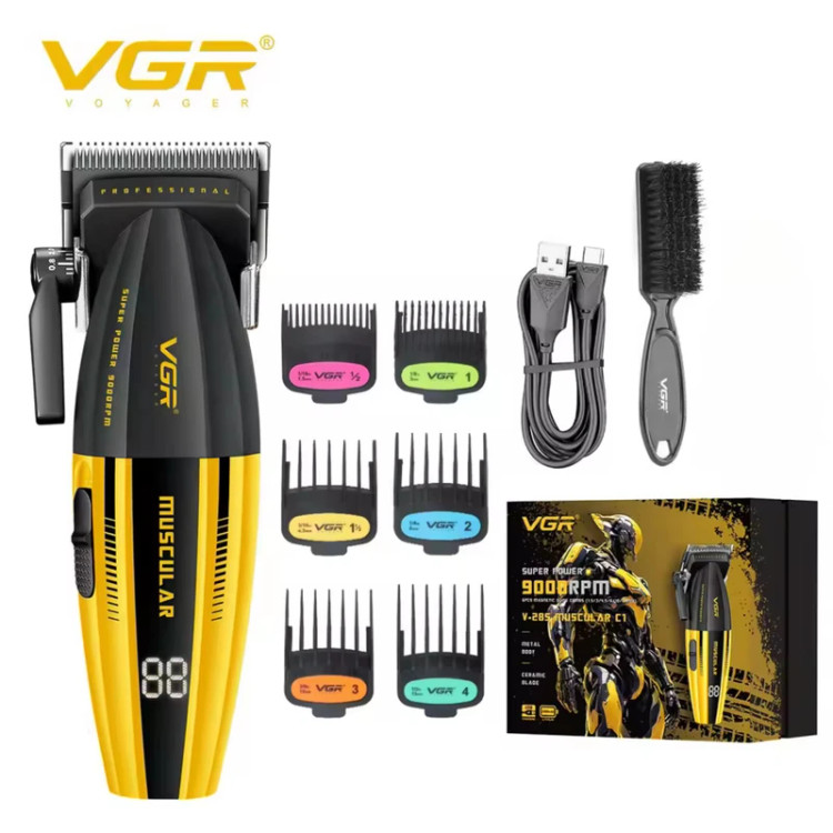 ماشین اصلاح موی سر و صورت وی جی ار مدل V-285 با موتور 9000 دور در دقیقه، تیغه استیل ضد زنگ و سرامیکی، 6 شانه قابل تنظیم، نمایشگر LED و شارژ سریع USB