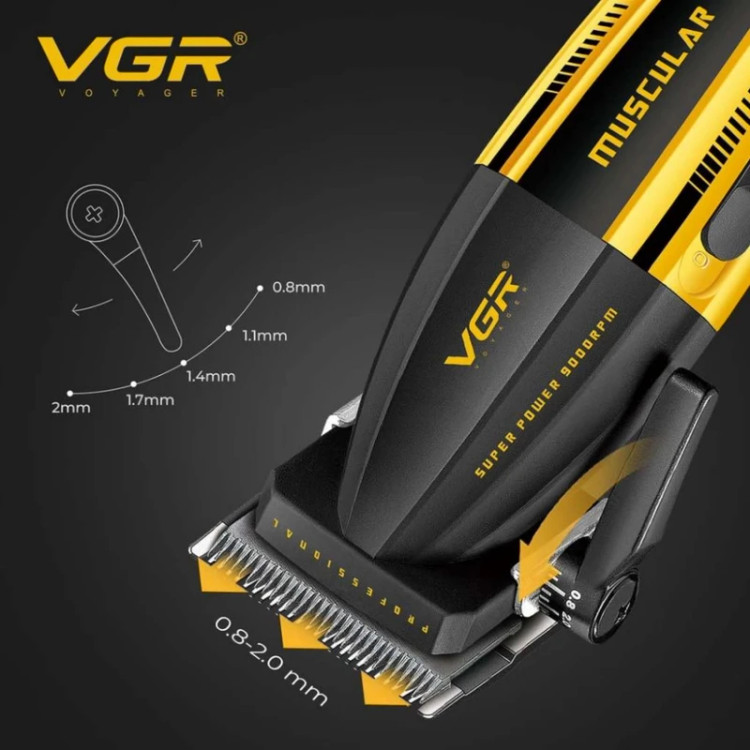 ماشین اصلاح موی سر و صورت وی جی ار مدل V-285 با موتور 9000 دور در دقیقه، تیغه استیل ضد زنگ و سرامیکی، 6 شانه قابل تنظیم، نمایشگر LED و شارژ سریع USB