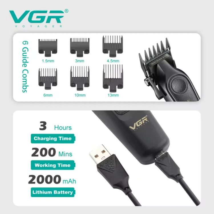 ماشین اصلاح موی سر و صورت شارژی وی جی ار مدل V-197 با تیغه استیل ضدزنگ، 6 شانه قابل تنظیم، اندازه اصلاح 0.2 میلیمتر، مناسب استفاده حرفهای و خانگی و آرایشگاهی