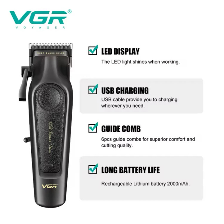 ماشین اصلاح موی سر و صورت شارژی وی جی ار مدل V-197 با تیغه استیل ضدزنگ، 6 شانه قابل تنظیم، اندازه اصلاح 0.2 میلیمتر، مناسب استفاده حرفهای و خانگی و آرایشگاهی