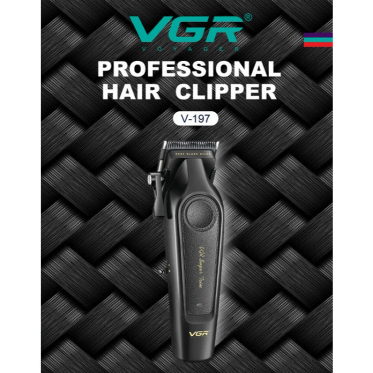 ماشین اصلاح موی سر و صورت شارژی وی جی ار مدل V-197 با تیغه استیل ضدزنگ، 6 شانه قابل تنظیم، اندازه اصلاح 0.2 میلیمتر، مناسب استفاده حرفهای و خانگی و آرایشگاهی