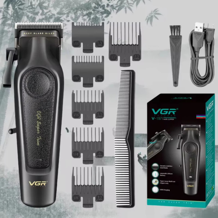 ماشین اصلاح موی سر و صورت شارژی وی جی ار مدل V-197 با تیغه استیل ضدزنگ، 6 شانه قابل تنظیم، اندازه اصلاح 0.2 میلیمتر، مناسب استفاده حرفهای و خانگی و آرایشگاهی