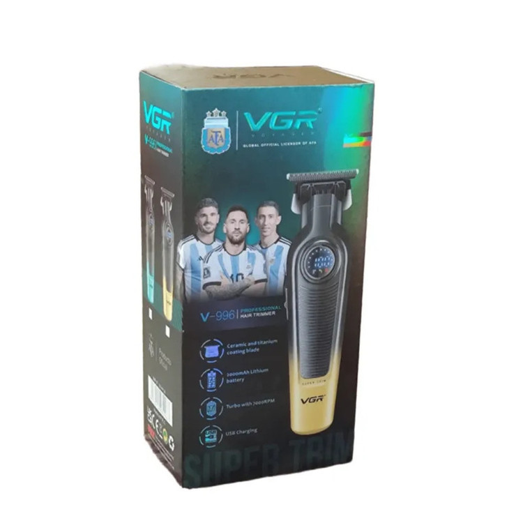 ماشین اصلاح موی سر و صورت شارژی وی جی ار مدل V-996 با تیغه سرامیک و تیتانیوم پیشرفته، باتری لیتیوم یون 2000 میلیآمپر، سرعت موتور 7000 دور در دقیقه، طراحی ارگونومیک، قابلیت اصلاح خشک و مرطوب، نمایشگر وضعیت باتری و اصلاح با شماره صفر