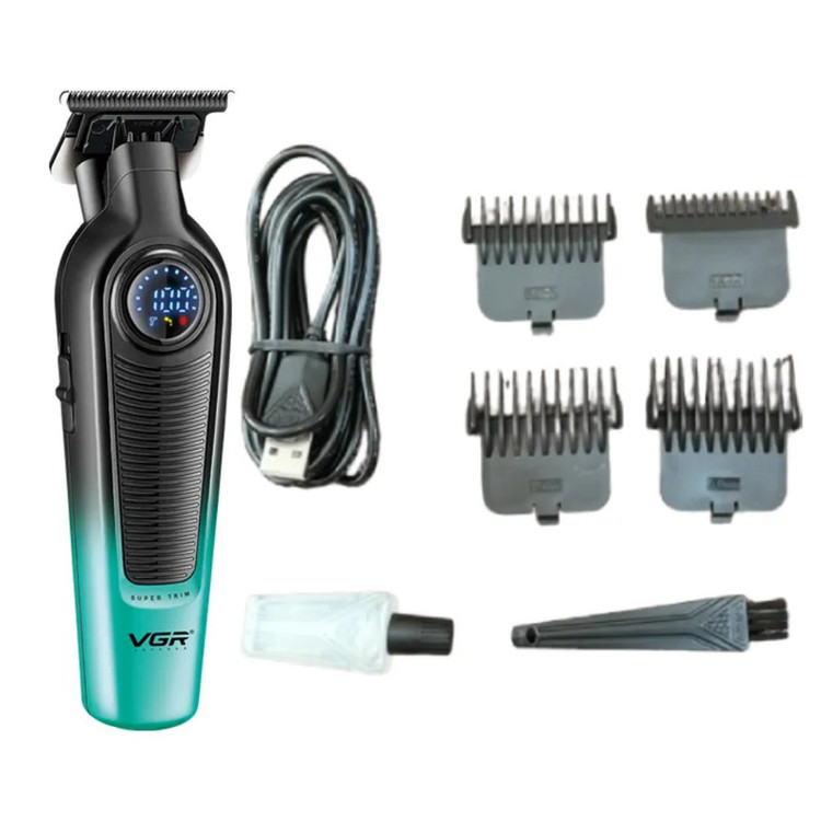 ماشین اصلاح موی سر و صورت شارژی وی جی ار مدل V-996 با تیغه سرامیک و تیتانیوم پیشرفته، باتری لیتیوم یون 2000 میلیآمپر، سرعت موتور 7000 دور در دقیقه، طراحی ارگونومیک، قابلیت اصلاح خشک و مرطوب، نمایشگر وضعیت باتری و اصلاح با شماره صفر