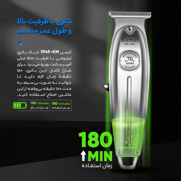 ماشین اصلاح موی صورت و بدن کیمی مدل KM-1949 با تیغههای 3تایی تیتانیوم، سرعت موتور 6900 دور در دقیقه، باتری 1400 میلیآمپر ساعت، شارژ USB Type-C، طراحی ارگونومیک و قابلیت تنظیم سرعت و طول اصلاح