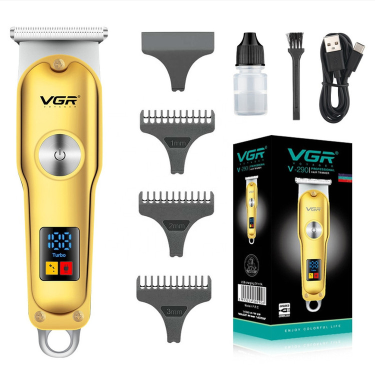 ماشین اصلاح موی سر و صورت وی جی ار مدل V-290 با تیغه استیل ضد زنگ، نمایشگر دیجیتال، قابلیت دو سرعته، منبع تغذیه برق و شارژ، سه شانه اصلاح 1 تا 3 میلیمتر، مدت زمان استفاده 120 دقیقه و شارژ 90 دقیقه