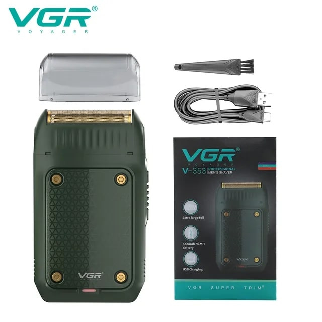 ماشین اصلاح موی صورت وی جی آر مدل V-353 با تیغه استیل پیشرفته، تکنولوژی فویلی، قابلیت اصلاح با شماره صفر، باتری 600 میلی‌آمپر ساعت و شارژر USB، طراحی ارگونومیک و سبک با برس تمیزکننده و محافظ