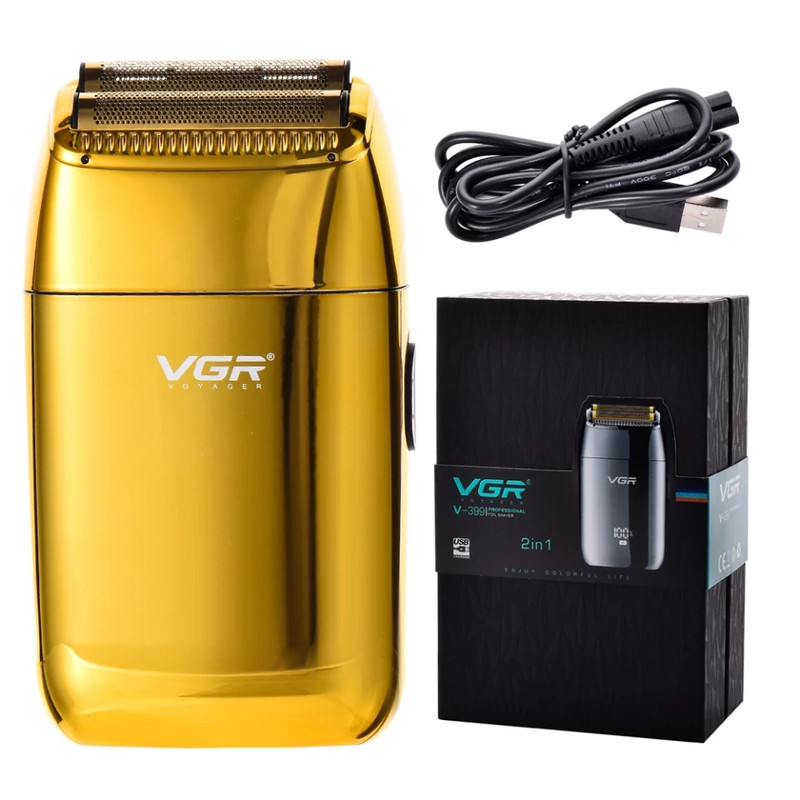 ماشین اصلاح موی صورت وی جی آر مدل V-399  با تیغه استیل پیشرفته، تکنولوژی شیو فویلی، باتری لیتیوم یونی 700mAh، استفاده خشک و مرطوب، شارژ سریع 180 دقیقه، عمر باتری 200 دقیقه، مقاوم در برابر آب و سبک